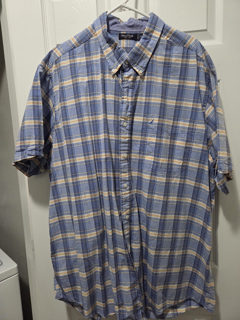 Nautica Short-Sleeve Plaid Button-Down Shirt in Blue and Cream